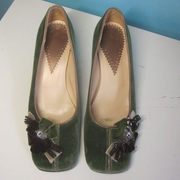 Hegos Italian Made  Womens Size 39 / 8.5 Vintage Square Toe Green Chunky Heels - Picture 1 of 15